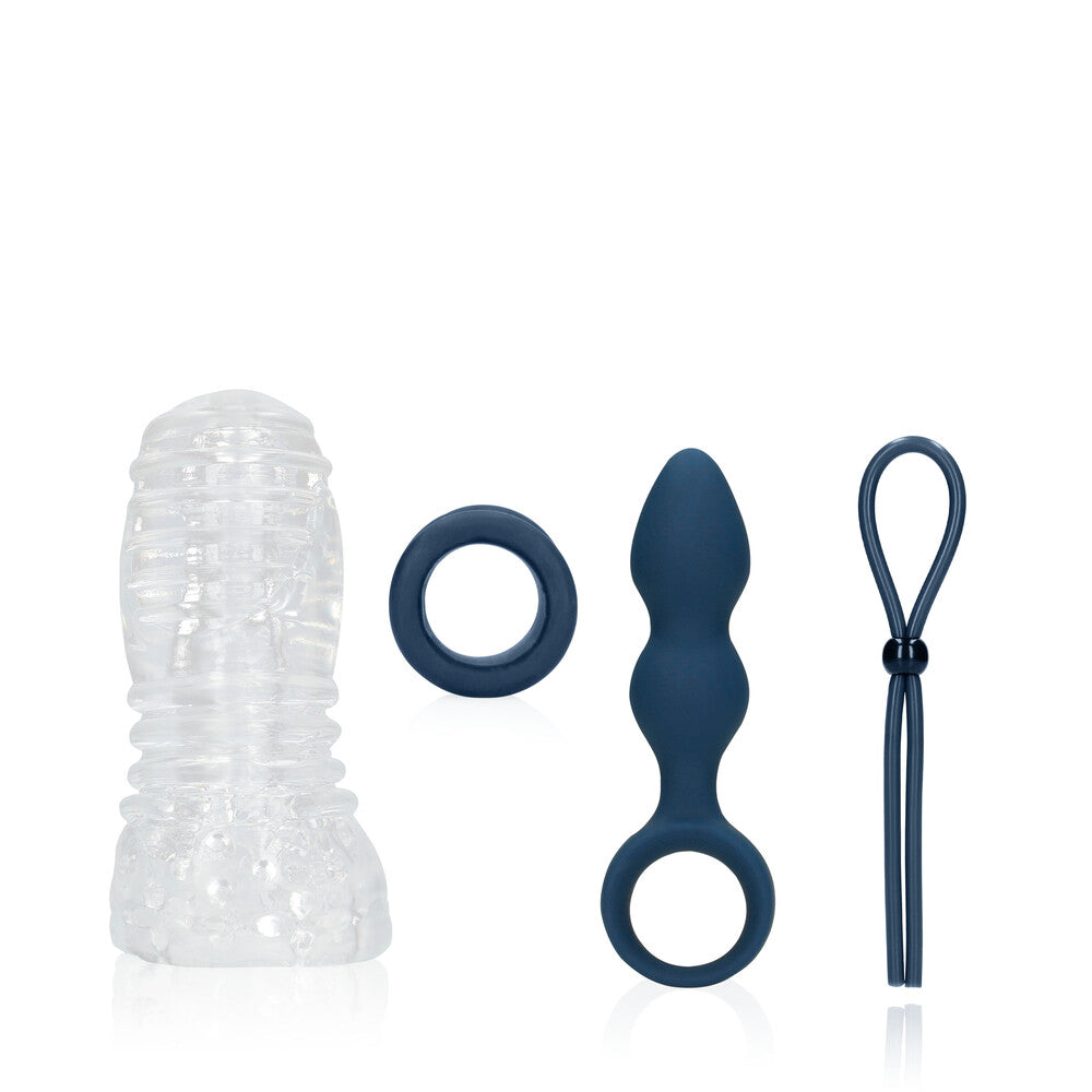 Shots Toys Sexplore Kit for Him (Stormy Forecast) with various grey and silver textured sex toys.