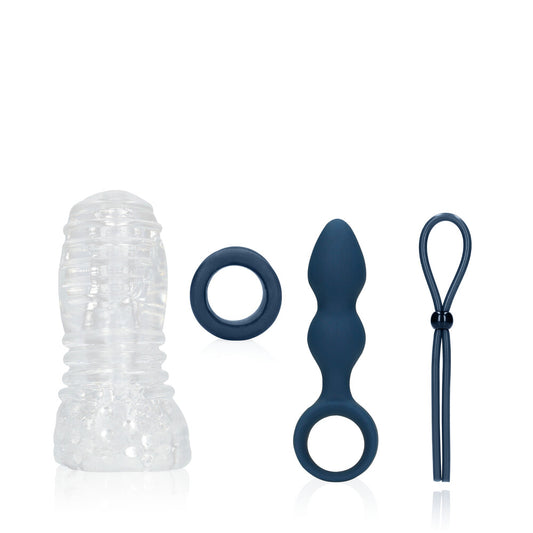 Shots Toys Sexplore Kit for Him (Stormy Forecast) with various grey and silver textured sex toys.