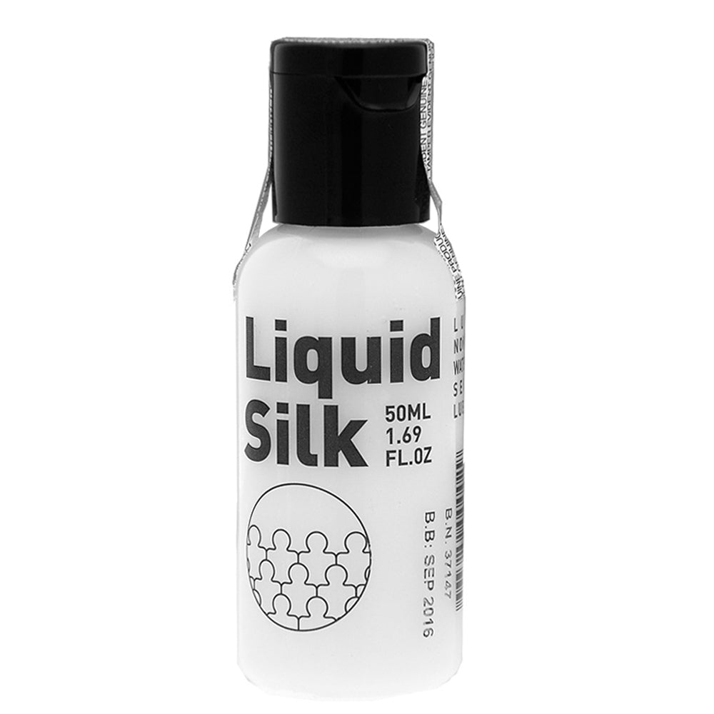 Clear 50ml bottle of liquid silk water based lubricant, part of the lubricants and oils range.