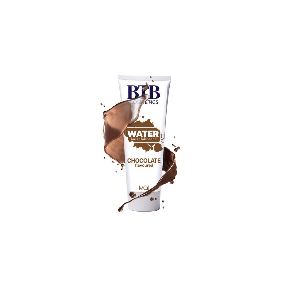 Bottle of mai cosmetics chocolate flavoured water-based lubricant in a brown and cream bottle.