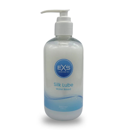 Bottle of exs silk lube, 250ml, clear liquid, for enhanced intimate pleasure.