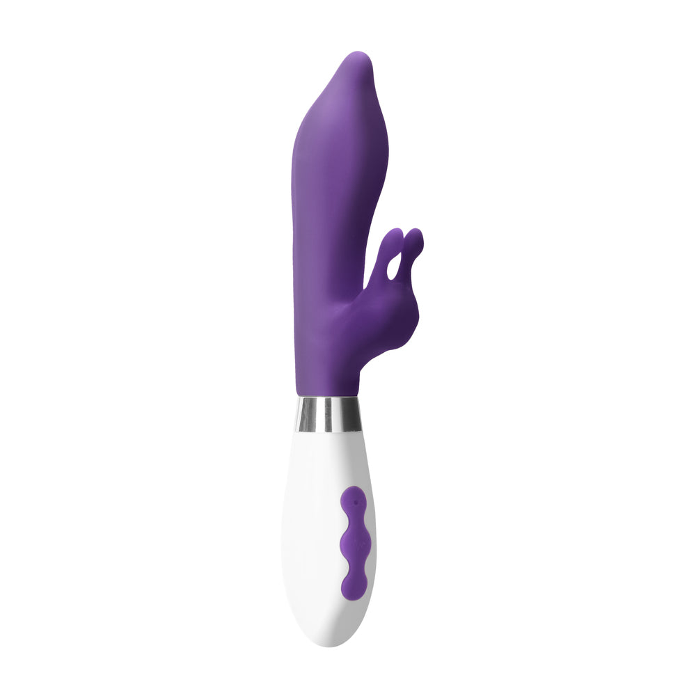 Purple rechargeable vibrator with clitoral stimulator from shots toys, smooth silicone finish.