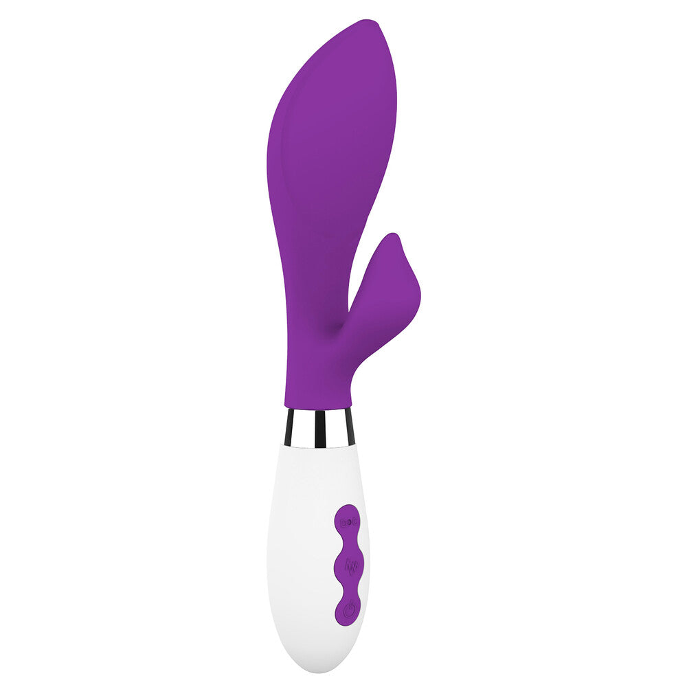 Purple achelois rechargeable vibrator from shots toys, designed with clitoral stimulators for enhanced pleasure.