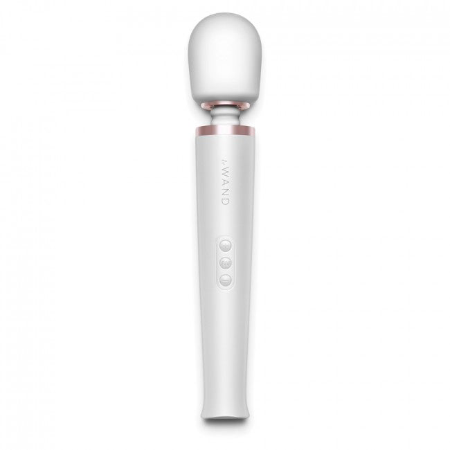 Close-up of a white, rechargeable le wand massager with a smooth, rounded head.