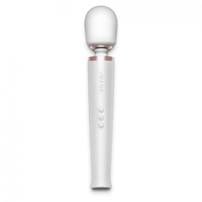 Close-up of a white, rechargeable le wand massager with a smooth, rounded head.