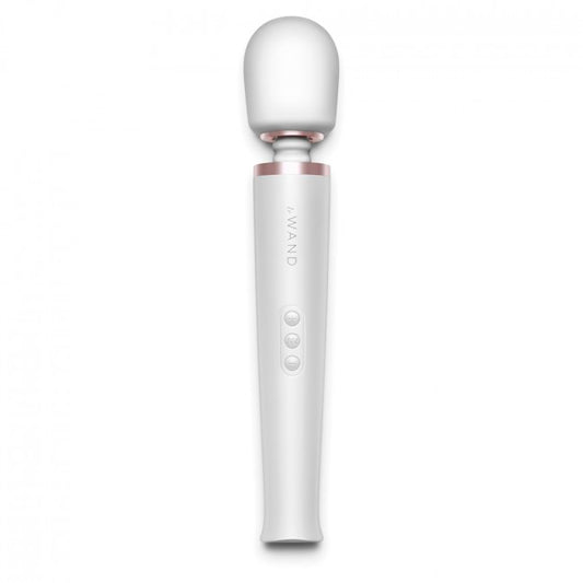 Close-up of a white, rechargeable le wand massager with a smooth, rounded head.