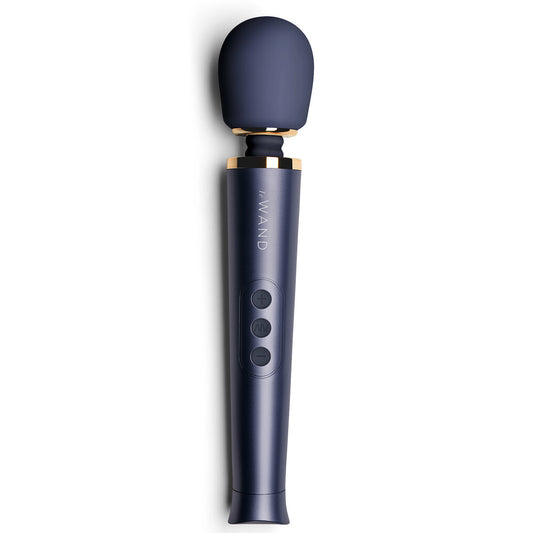 Le Wand petite vibrating wand massager in navy blue, a sleek personal massager.