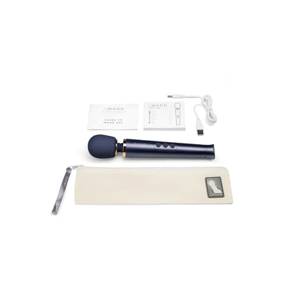 Petite Le Wand rechargeable wand massager in navy blue, a personal handheld vibrator.