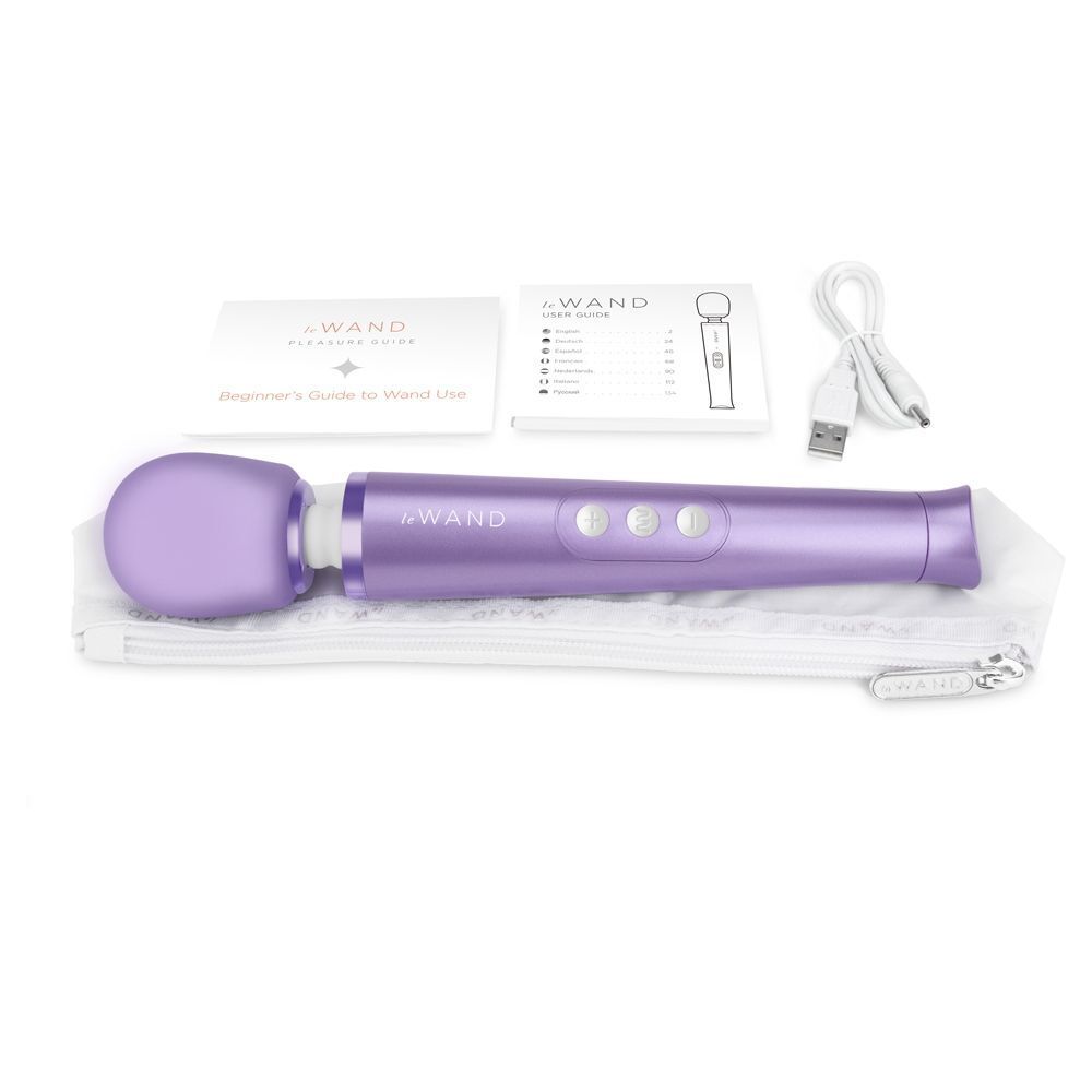 Close-up of the petite, rechargeable le wand massager in a vibrant violet colour.