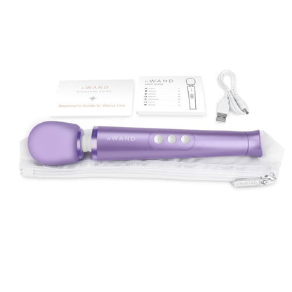 Close-up of the petite, rechargeable le wand massager in a vibrant violet colour.