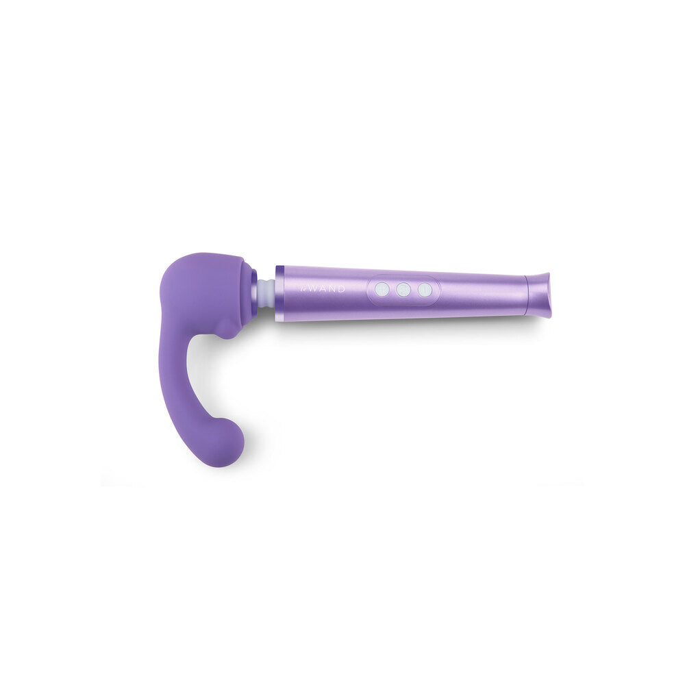 Close-up of a smooth, curved, weighted, petite wand attachment made of purple silicone.