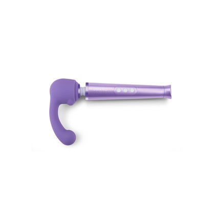 Close-up of a smooth, curved, weighted, petite wand attachment made of purple silicone.