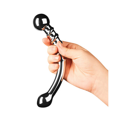 Le Wand bow dildo in polished stainless steel for anal play, probe style.