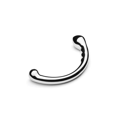 Le Wand hoop dildo in stainless steel, a double-ended pleasure toy with sleek finish.