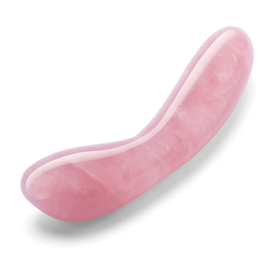 Close-up of a rose quartz g wand massager, showcasing its smooth, polished finish and crystal texture.