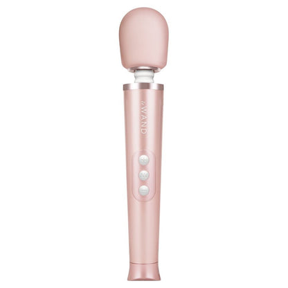 Close-up of a petite, gold-coloured Le Wand rechargeable wand massager; smooth finish and compact design.
