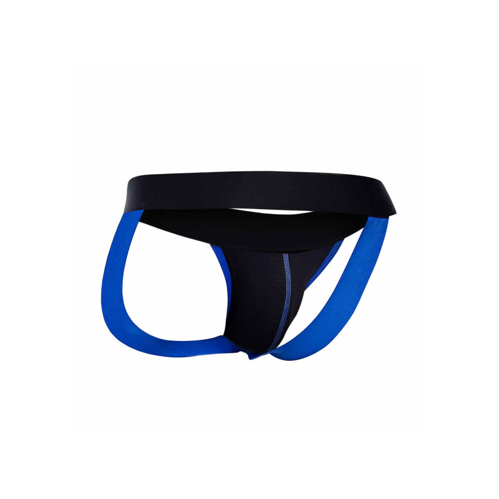 Male Basics blue neon jockstrap, showcasing a supportive fit and comfortable design.