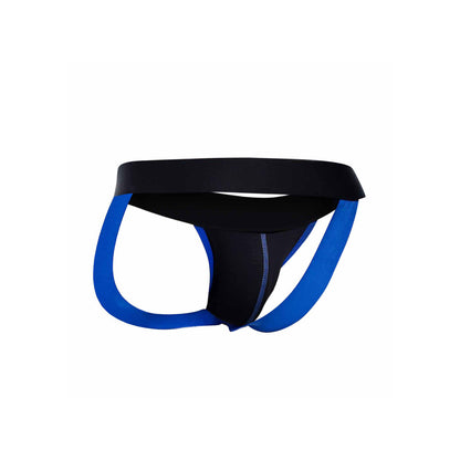 Male Basics blue neon jockstrap, showcasing a supportive fit and comfortable design.