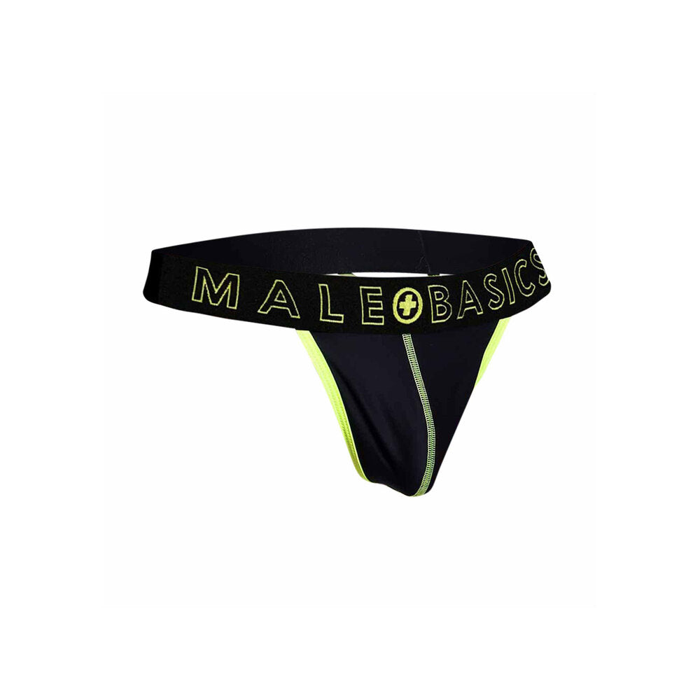 A neon yellow thong from Male Basics, showcasing a bright, simple design for men.