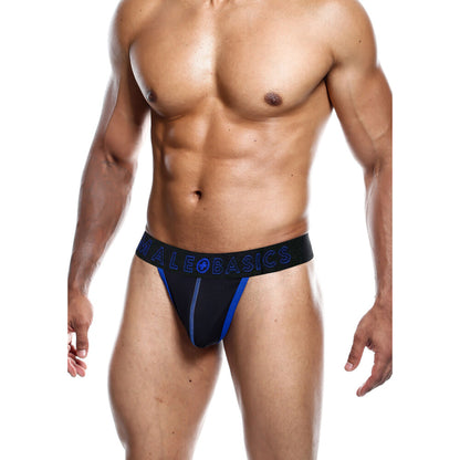 A blue neon thong for men by male basics, a classic comfy fit.