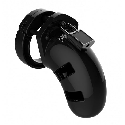 Black metal male chastity cage from Shots Toys, featuring a 3.5 inch design.