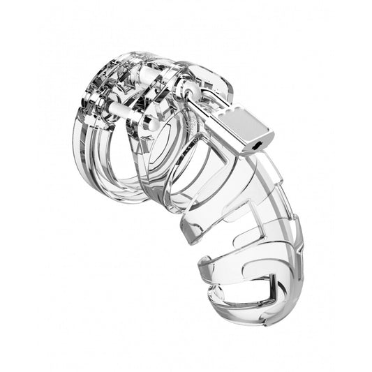 shots toys clear plastic man cage with a 3.5 inch length for male chastity.