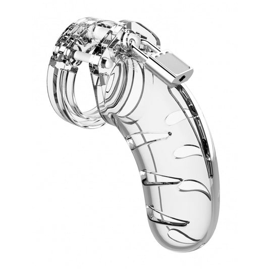 Clear plastic 4.5 inch male chastity cage, a design from shots toys for enhanced security.