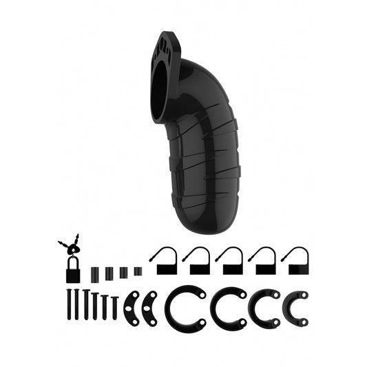 Black 5.5 inch male chastity cage from Shots Toys, a metal locking device for male use.