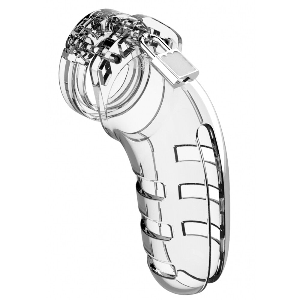 shots toys man cage 06, a clear 5.5 inch male chastity device.