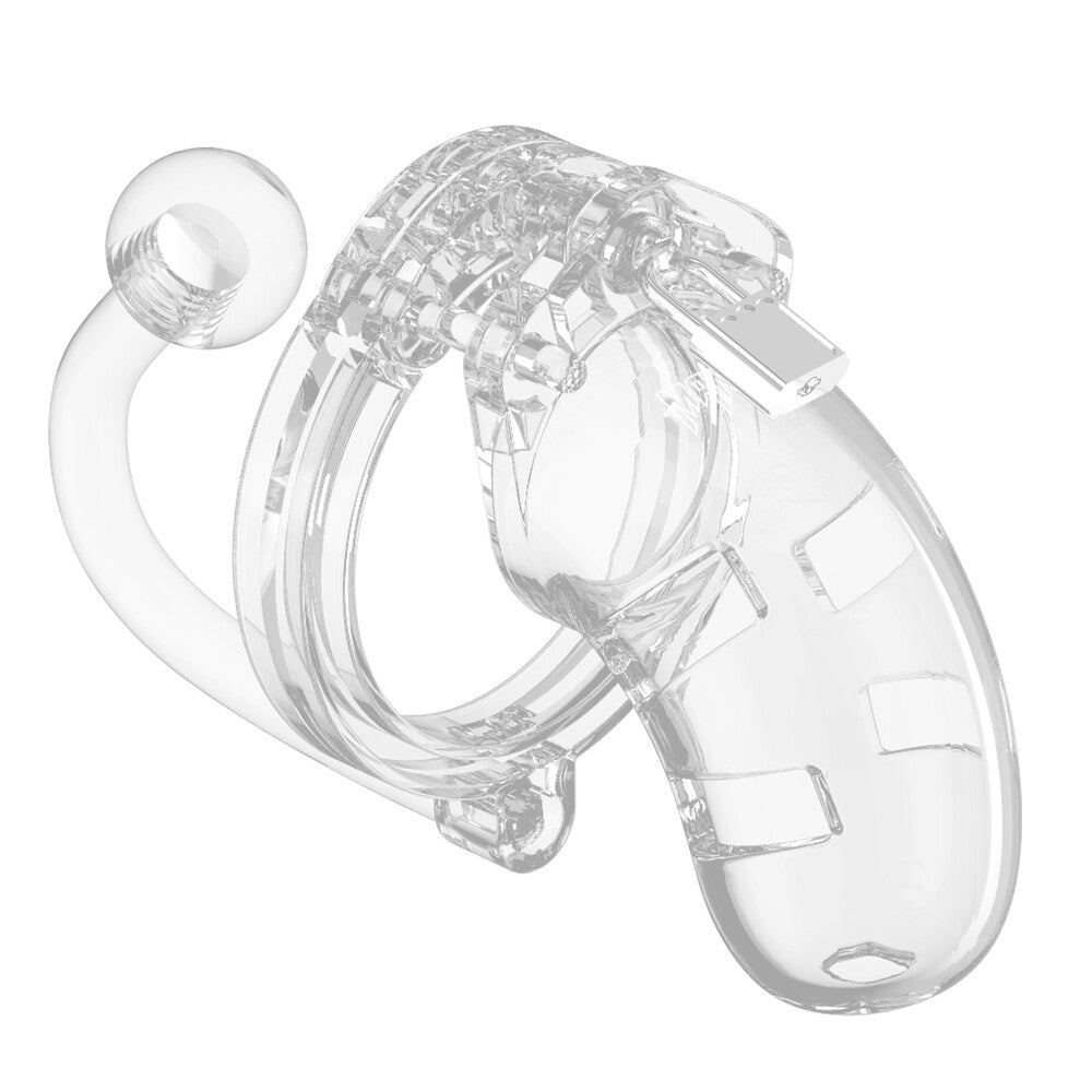 shots toys man cage 10 clear chastity device with integrated anal plug, male chastity