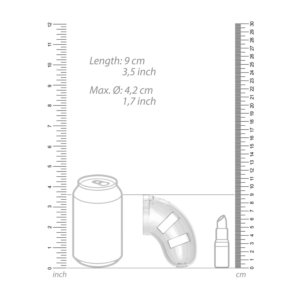 Shots Toys clear plastic male chastity cage with anal plug, 3.5 inch.