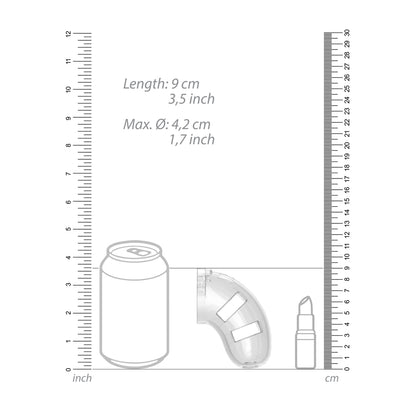 Shots Toys clear plastic male chastity cage with anal plug, 3.5 inch.