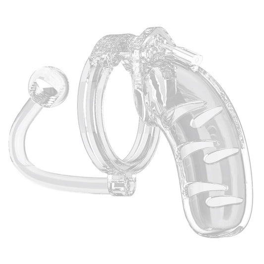 shots toys clear man cage chastity device, four and a half inch, with anal plug
