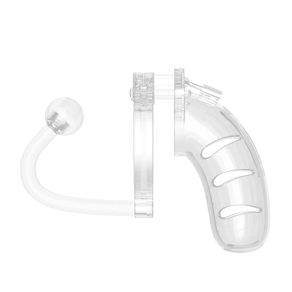 shots toys clear 4.5 inch male chastity cage with attached anal plug, for male chastity