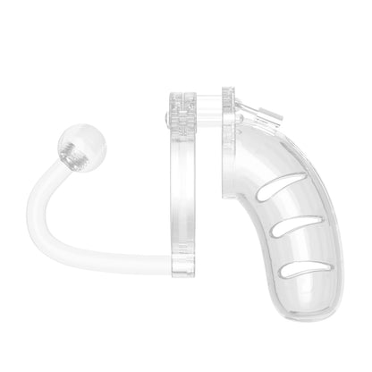 shots toys clear 4.5 inch male chastity cage with attached anal plug, for male chastity