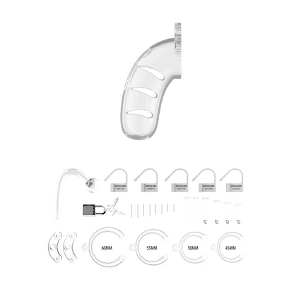 clear plastic male chastity cage with a 4.5 inch length and anal plug from shots toys