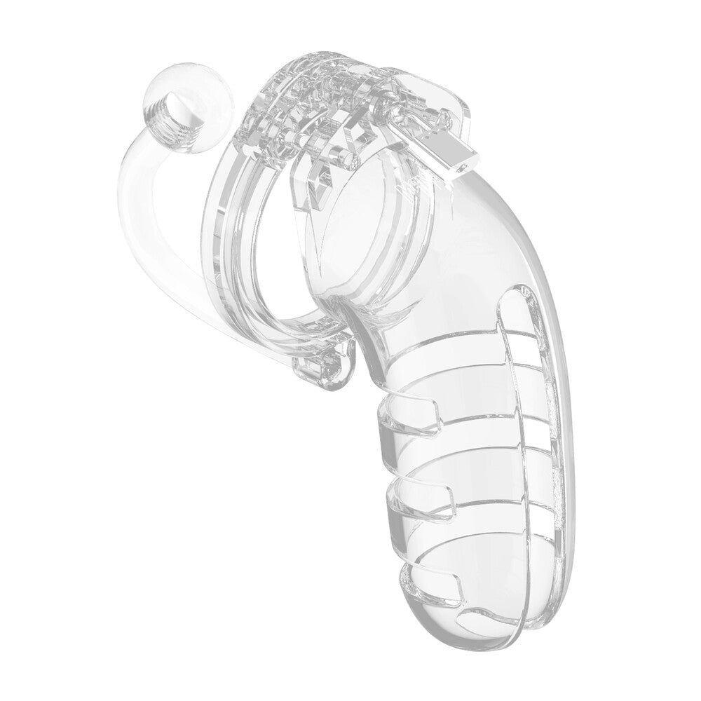 shots toys clear man cage 12 chastity device with attached anal plug, male use
