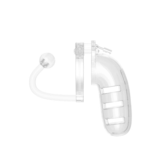 shots toys clear plastic man cage with anal plug, a male chastity device