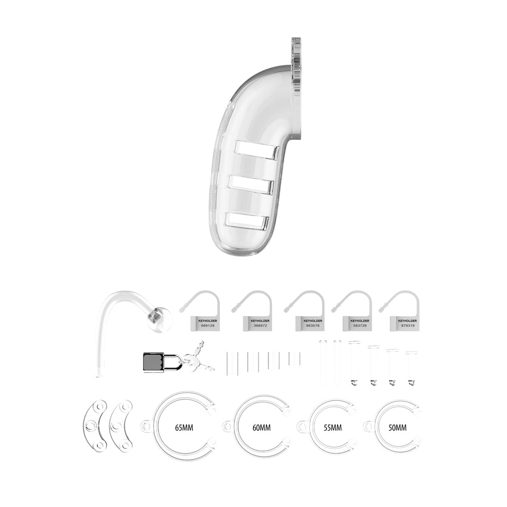 Clear 5.5 inch male chastity cage with anal plug from Shots Toys, for male chastity.