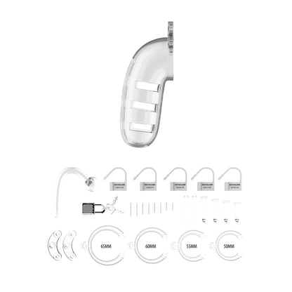 Clear 5.5 inch male chastity cage with anal plug from Shots Toys, for male chastity.