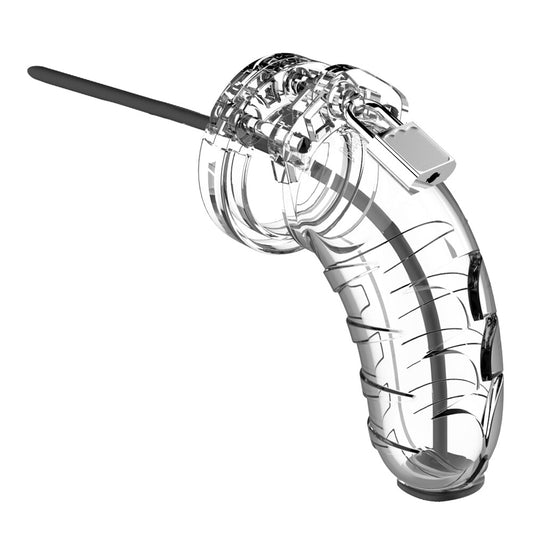 shots toys clear man cage 16 for male chastity with urethral sound, 4.5 inch.