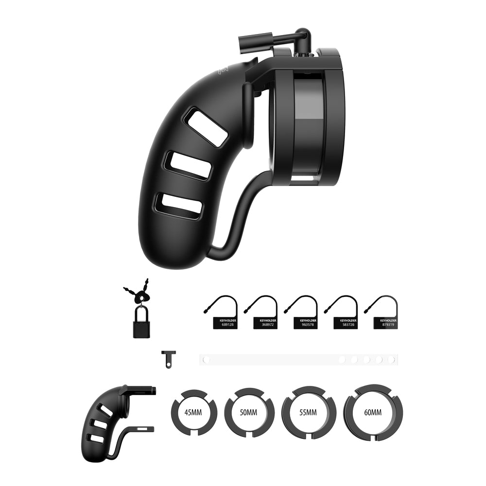 shots toys man cage 19, a black metal chastity cage with ball splitter, 4.5 inch.