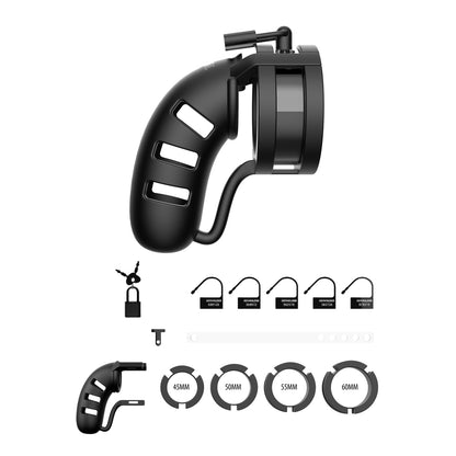 shots toys man cage 19, a black metal chastity cage with ball splitter, 4.5 inch.