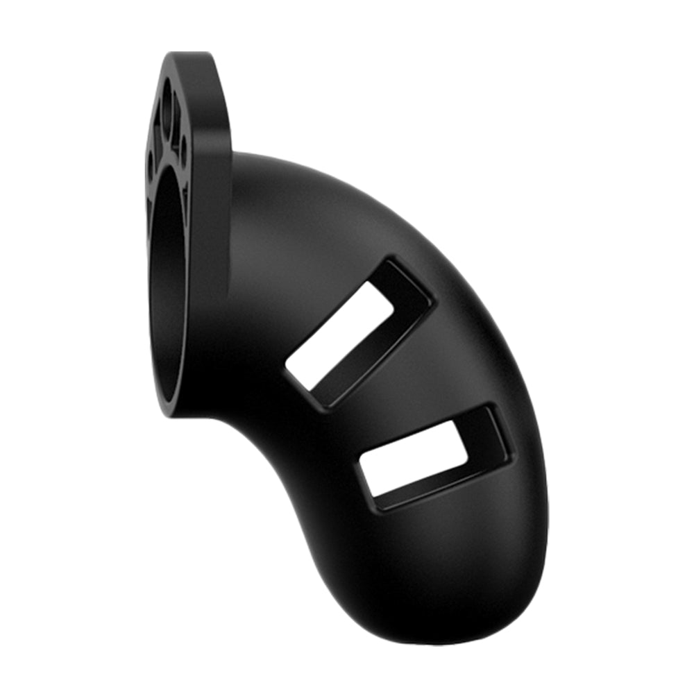 Shots Toys black silicone male chastity cage, size 3.5 inch, for secure wear
