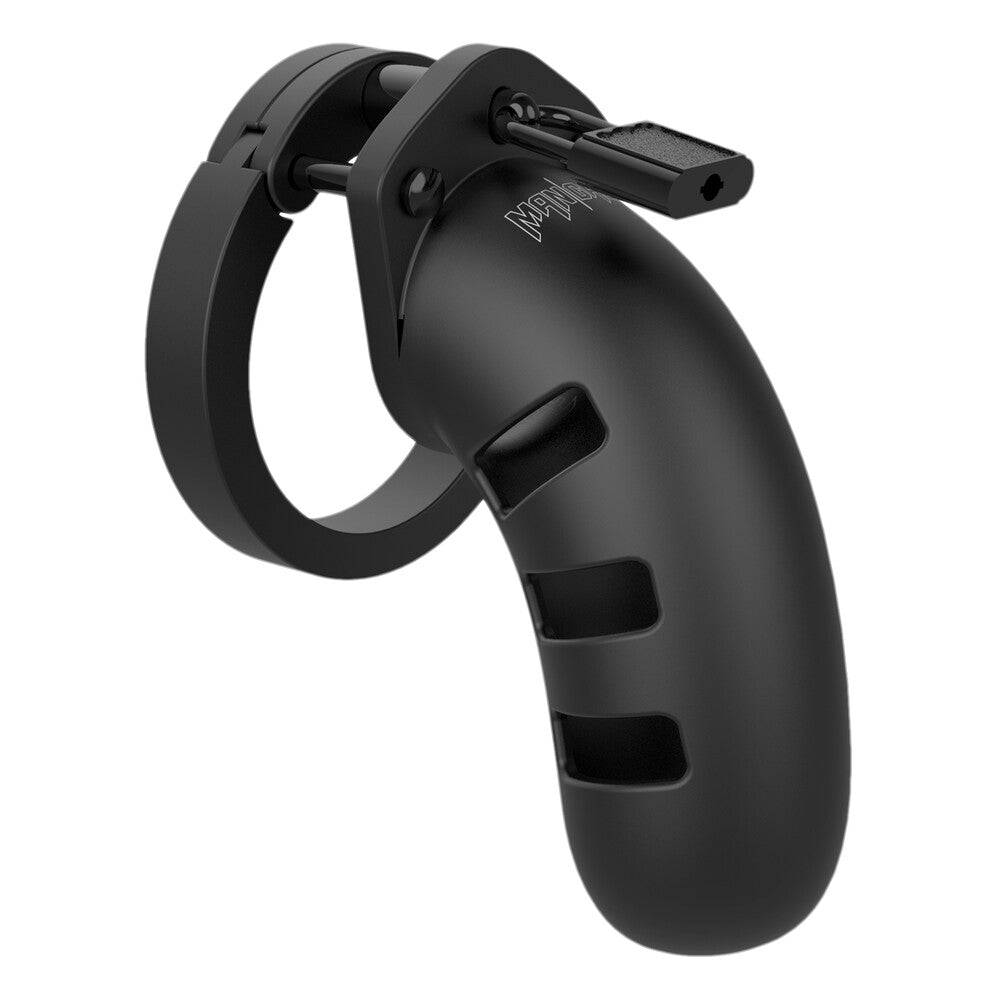 Black silicone male chastity cage from shots toys, 4.5 inch man cage 21 model.