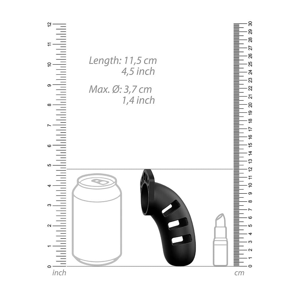 Black silicone man cage from Shots Toys, a male chastity device, four and a half inches.