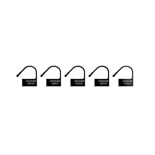 A set of five spare black locks for a male chastity cage device.