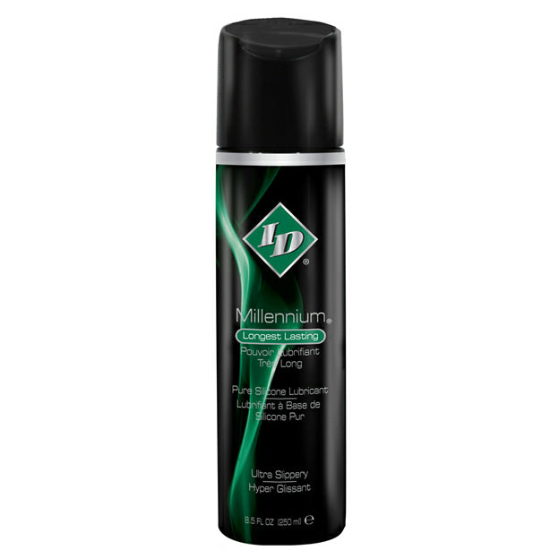 A bottle of ID Millennium lubricant, a clear, water-based personal lubricant for intimate use.