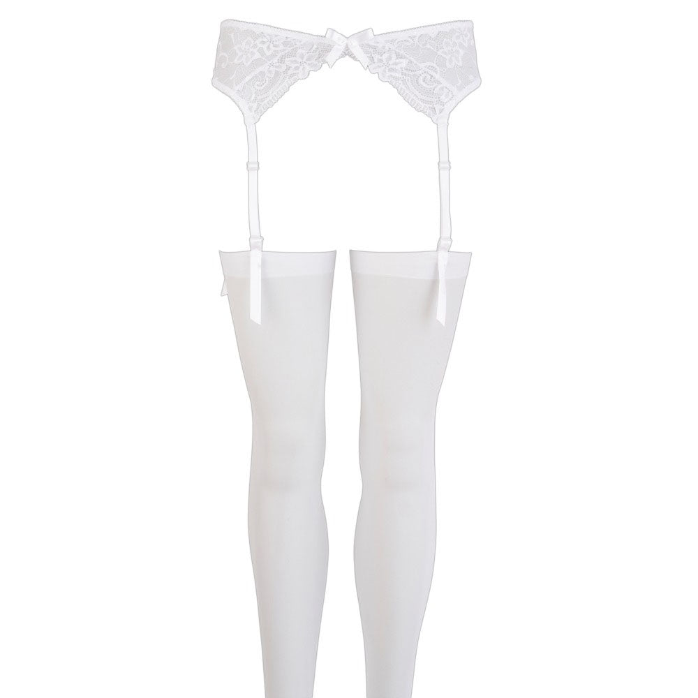 Mandy Mystery Lingerie: A white suspender set, designed to hold up stockings beautifully.