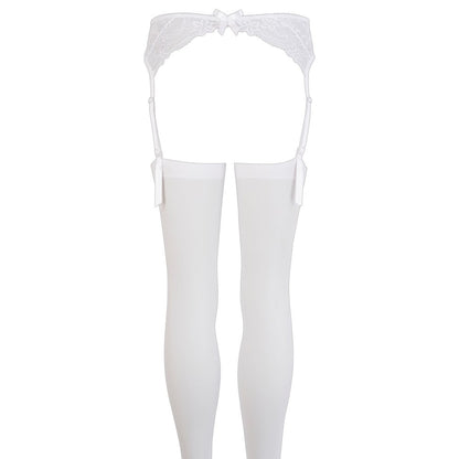 Mandy Mystery Lingerie white suspender set, worn with stockings for a sensual boudoir look.
